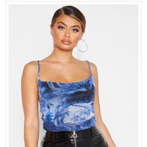 Pretty Little Thing Blue Mesh Printed Bodysuit